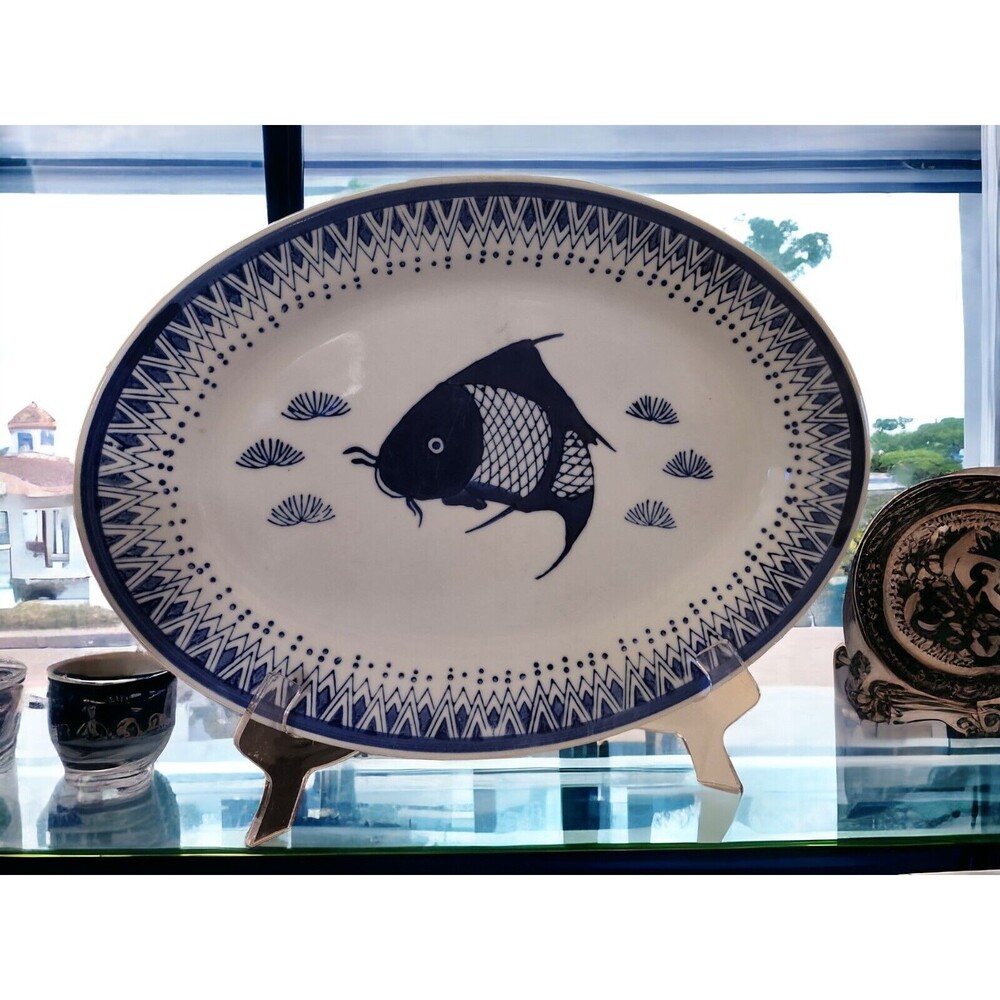Serving Plate Chinese Vintage Koi Fish Oval Porcelain Blue White 14x10 Dr Lori
